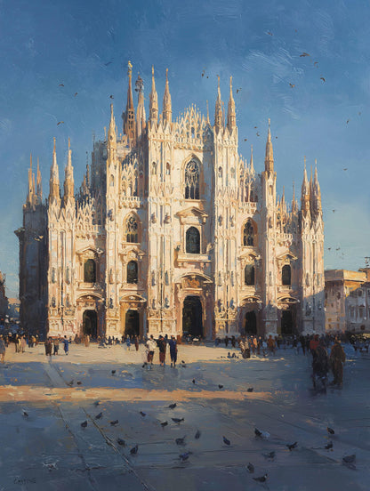 Painterly Italy cityscape with a hundred Gothic pinnacles rising overhead