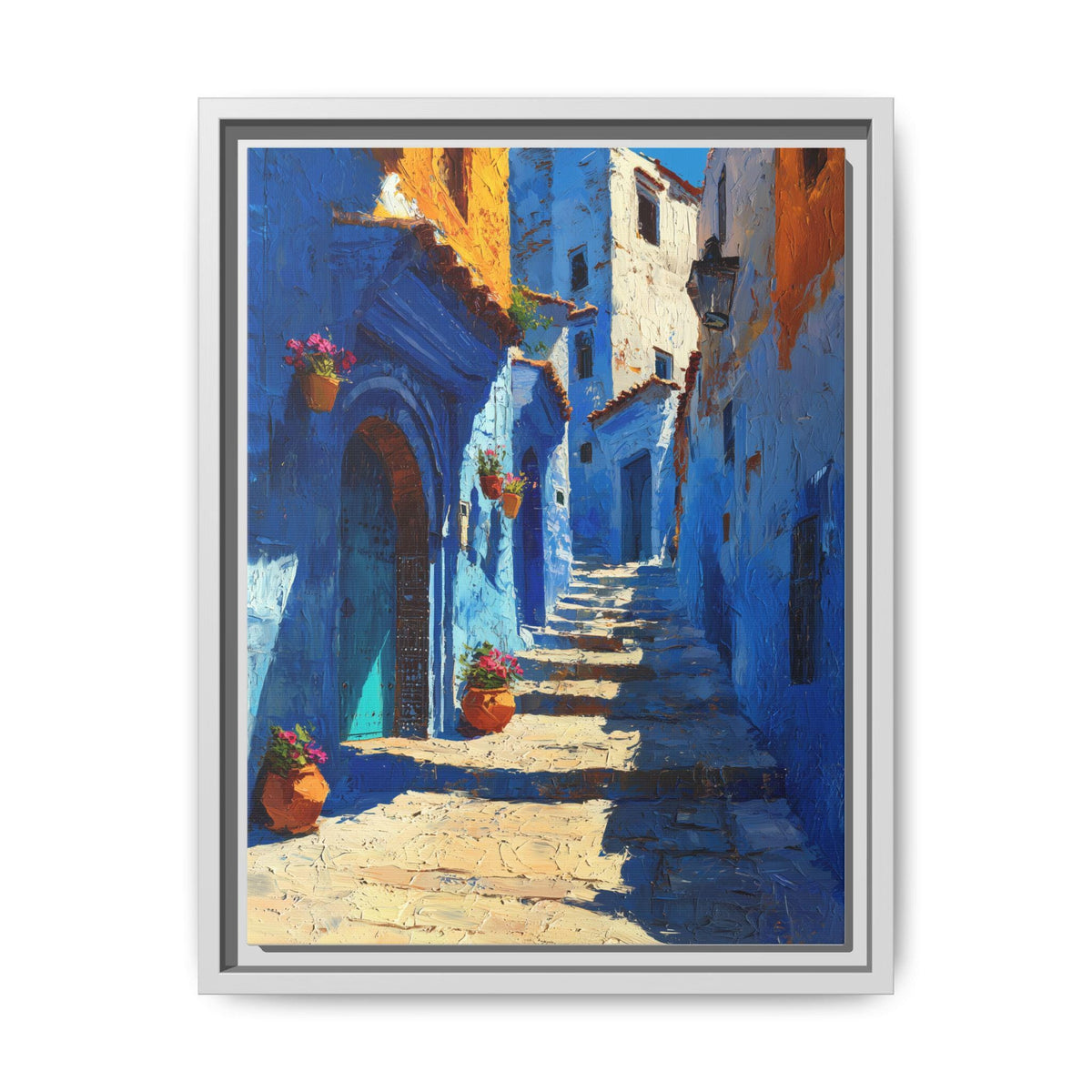 Chefchaouen wall art framed canvas print in a white wood frame