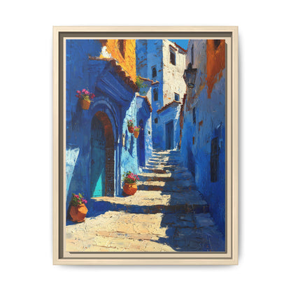 Chefchaouen wall art framed canvas print in a natural wood frame