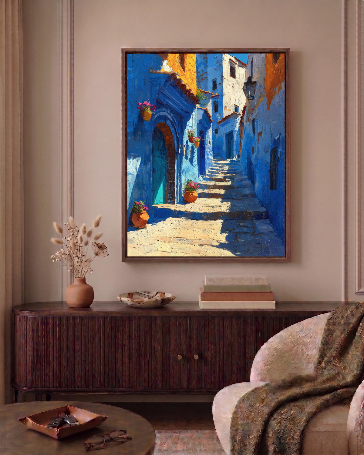 Blue city framed canvas art set in a solid wood frame, ready to hang