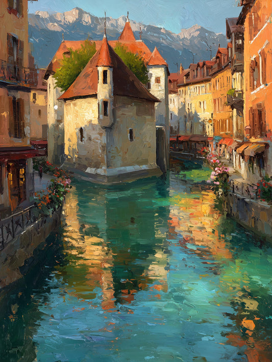 Painterly Annecy canvas print with old stone walls mirrored in the Thiou