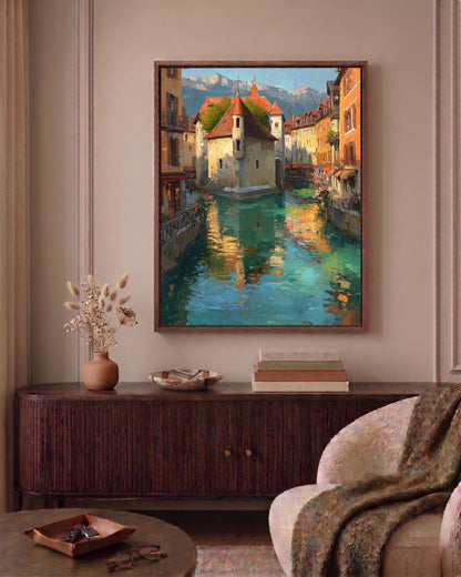 French lake town framed canvas art set in a solid wood frame, ready to hang