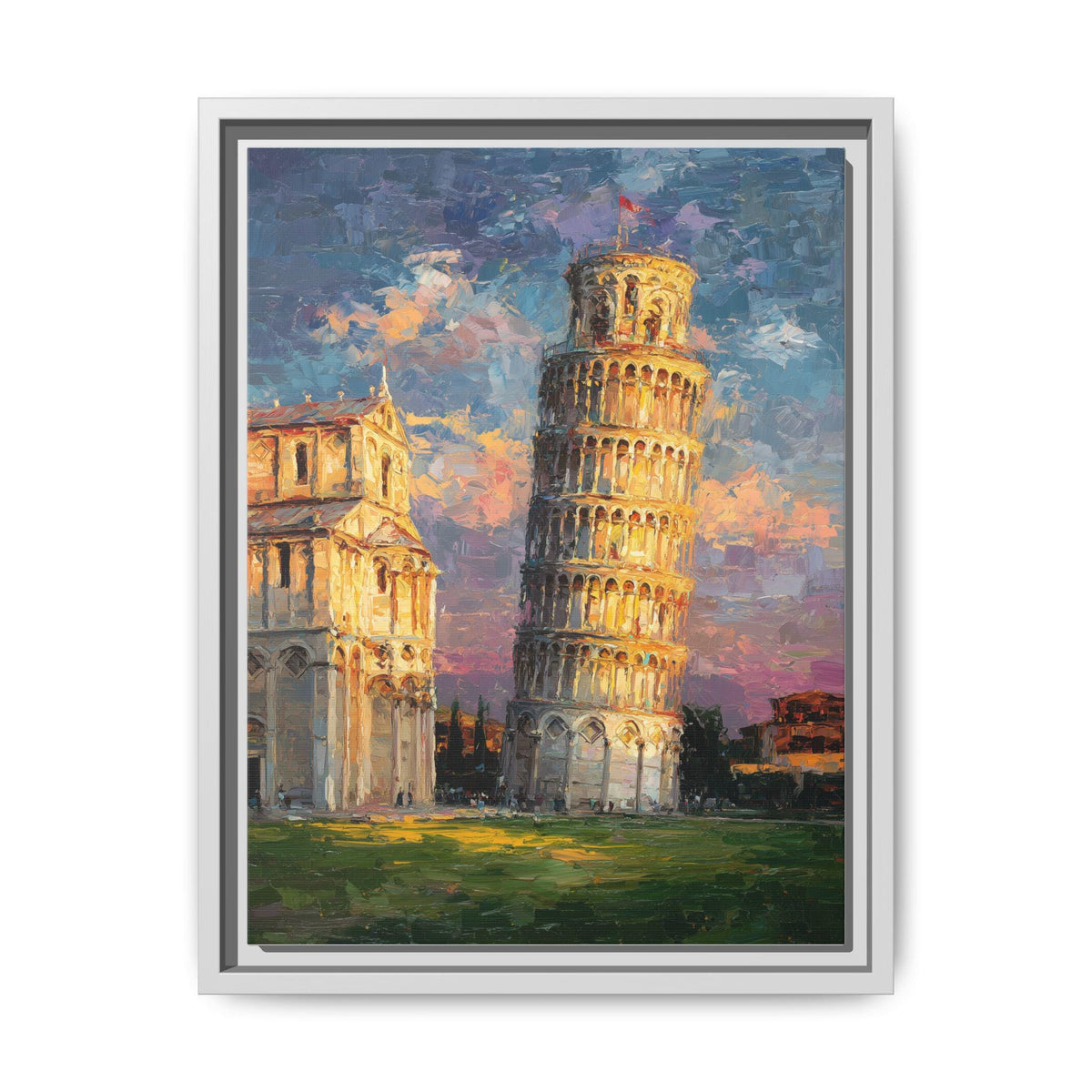 Leaning Tower of Pisa wall art framed canvas print in a white wood frame