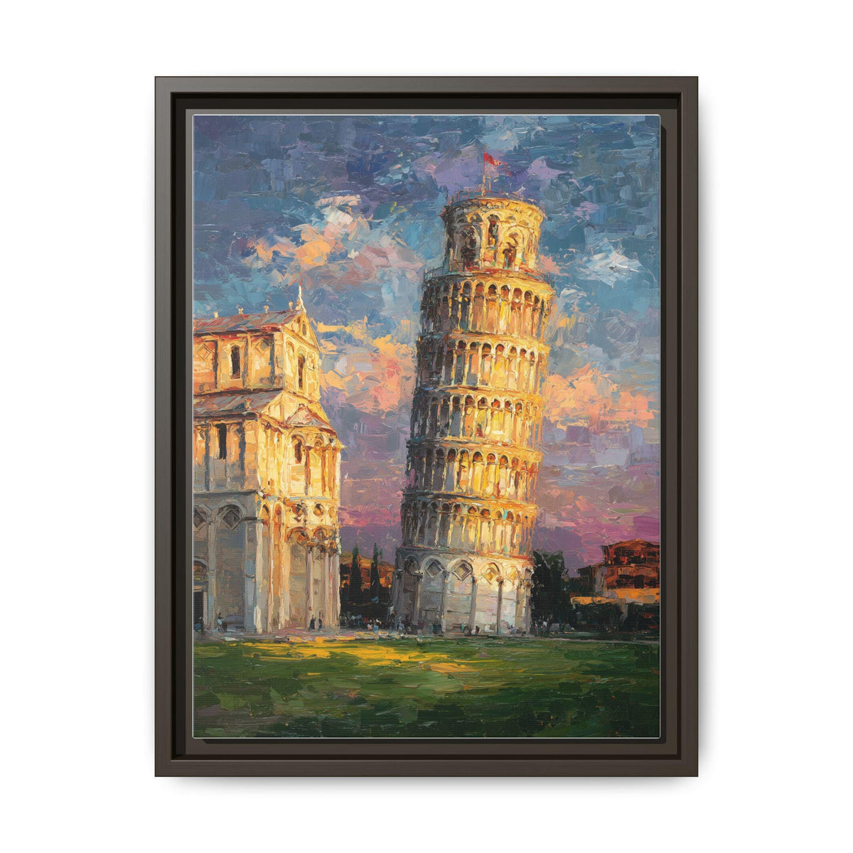 Leaning Tower of Pisa wall art framed canvas print in an espresso wood frame