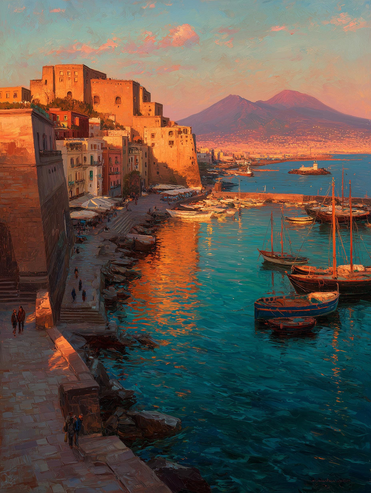 Painterly Naples canvas print with fishing boats moored beneath the old sea castle