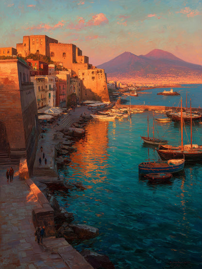 Painterly Naples canvas print with fishing boats moored beneath the old sea castle