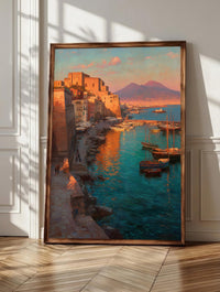 Naples wall art: Castel dell'Ovo rising over the sunset bay, framed canvas print
