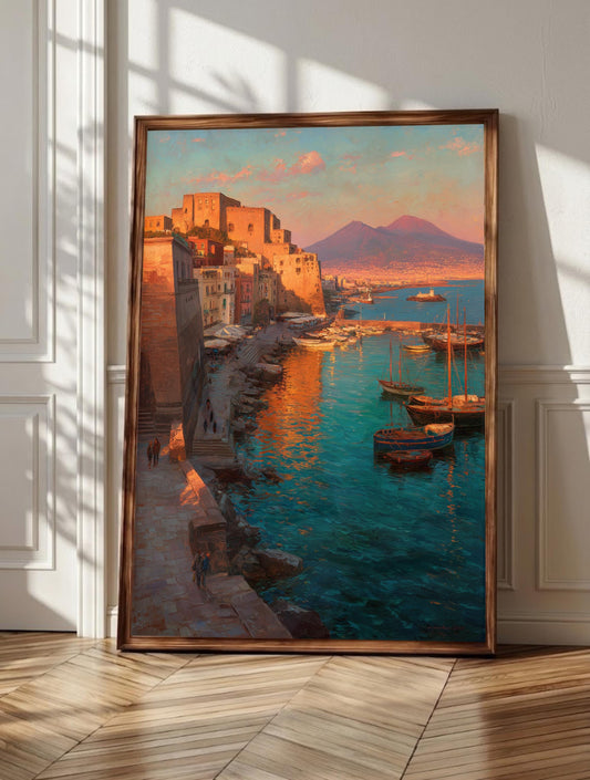 Naples wall art: Castel dell'Ovo rising over the sunset bay, framed canvas print