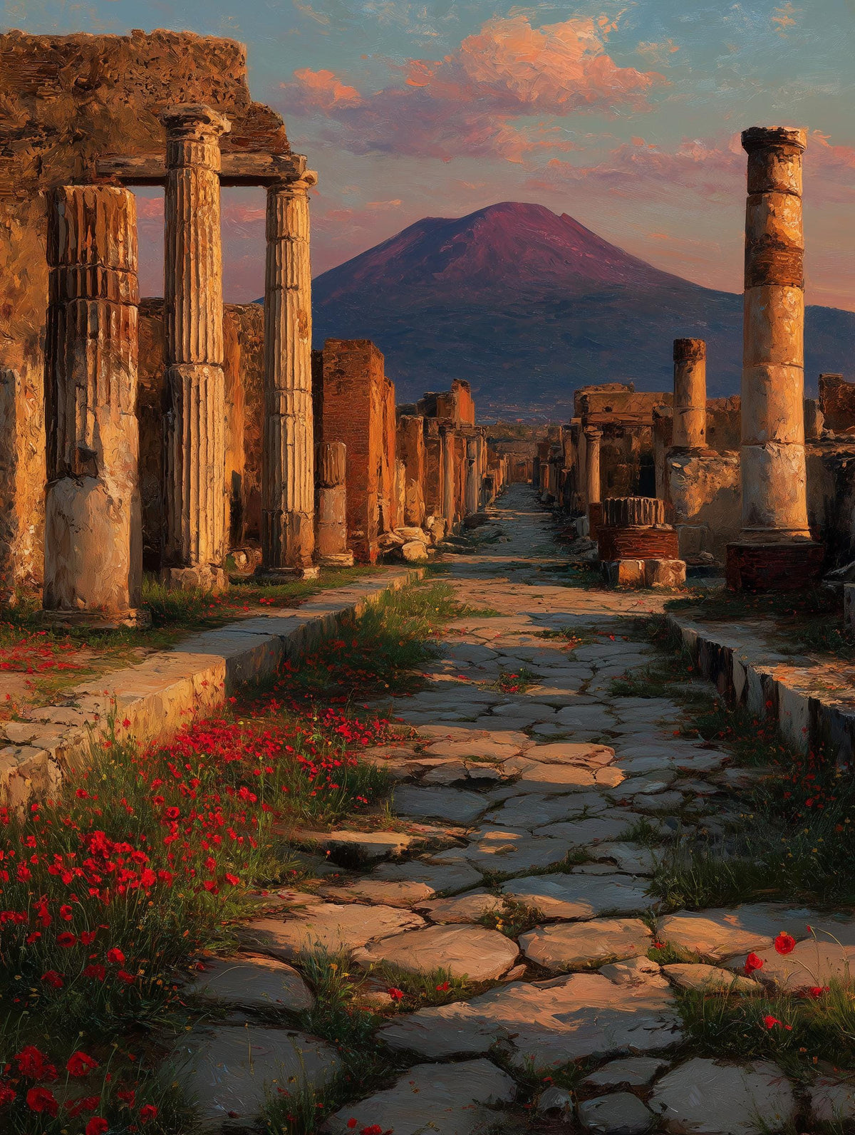 Painterly Pompeii canvas print with red poppies between the fallen stones