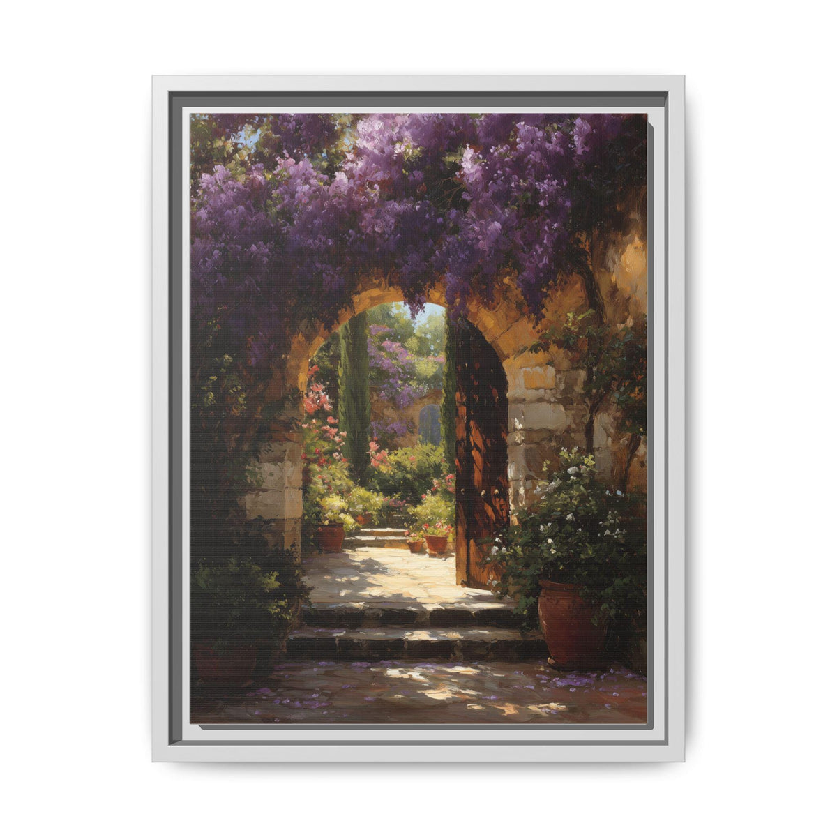 Wisteria wall art framed canvas print in a white wood frame