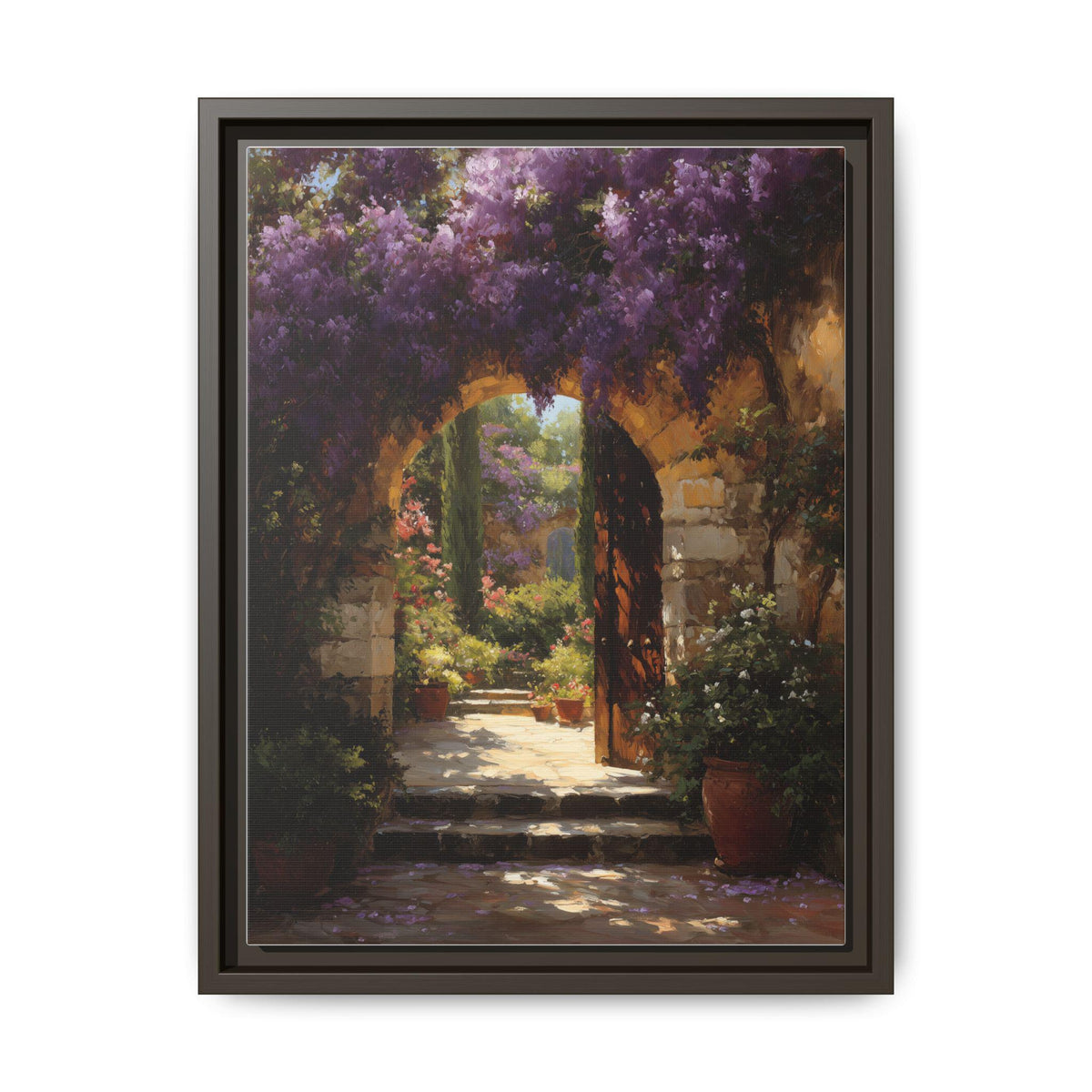 Wisteria wall art framed canvas print in an espresso wood frame