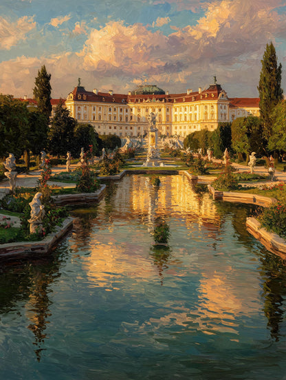 Painterly Austrian palace canvas print bathed in golden Vienna light