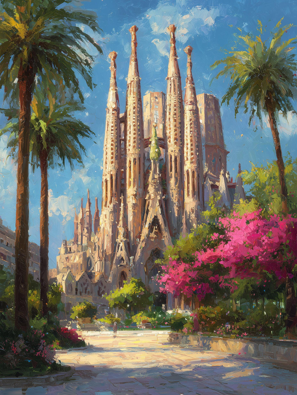 Painterly Barcelona canvas print with pink bougainvillea below the basilica