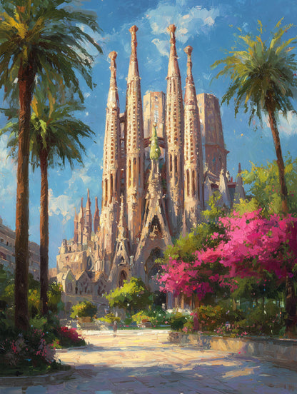 Painterly Barcelona canvas print with pink bougainvillea below the basilica