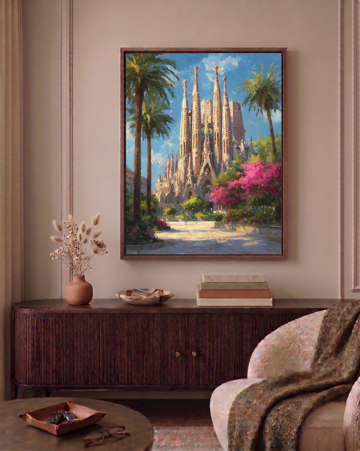 Sagrada Familia framed canvas printed on cotton and hand-framed in solid wood