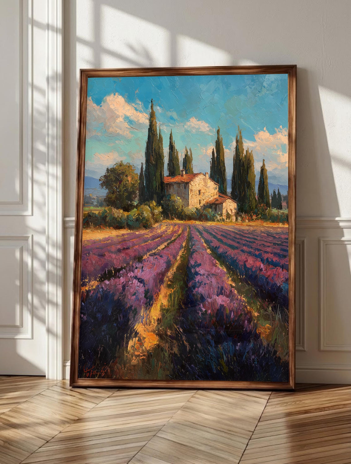 Lavender wall art: rows of Provence lavender running to the horizon, framed canvas print