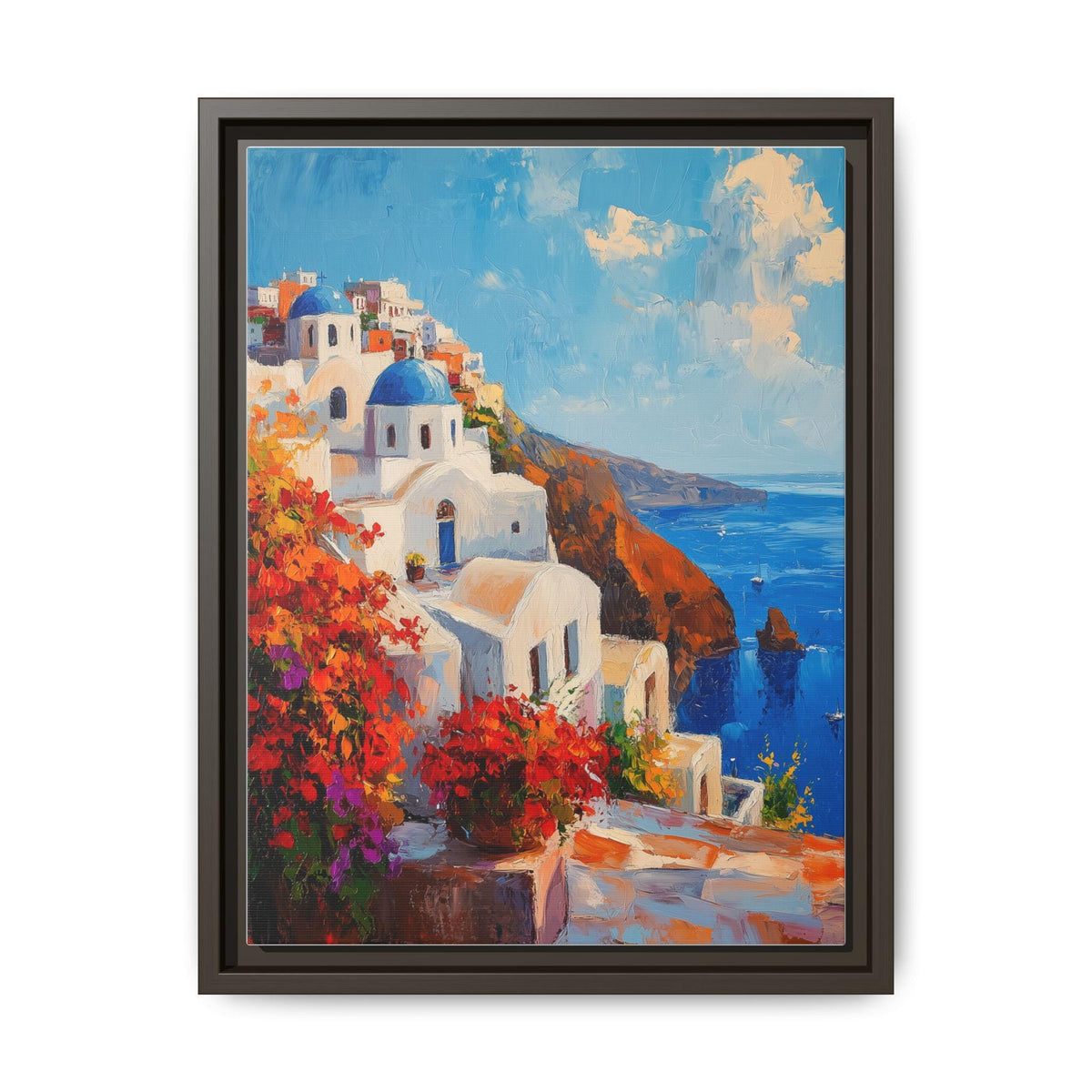 Santorini art framed canvas print in an espresso wood frame