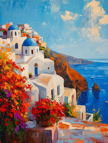 Painterly Santorini canvas print with the sea and sky worked in deep cobalt