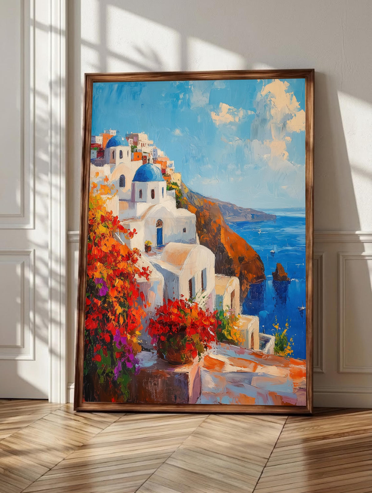 Santorini wall art: whitewashed Greek houses and blue domes above the Aegean caldera