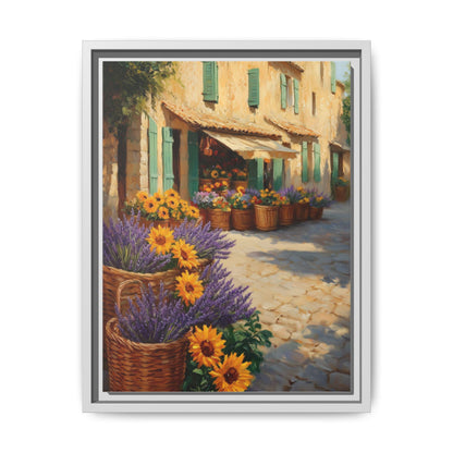 French Market wall art framed canvas print in a white wood frame