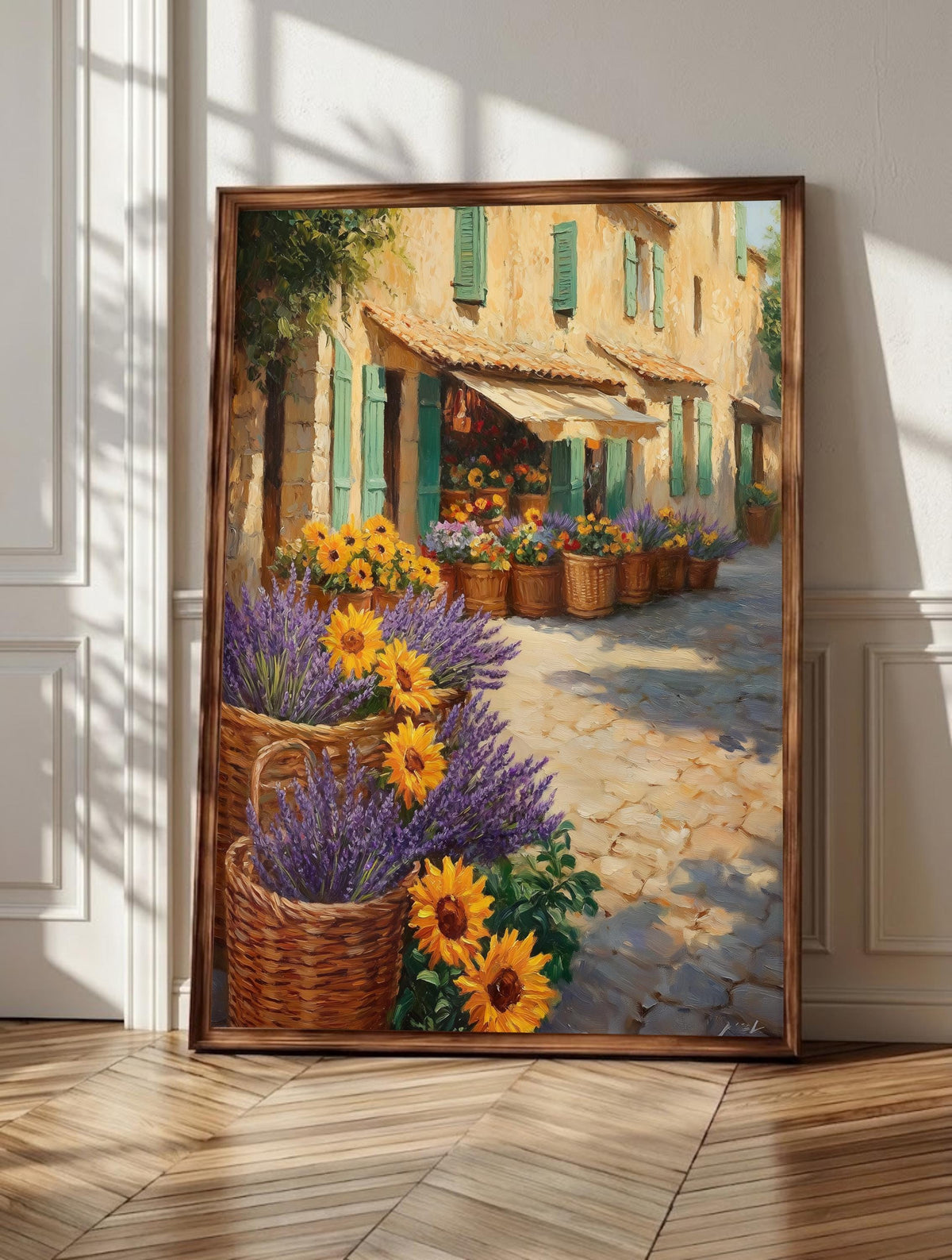 French market wall art: lavender bundles and seasonal produce spilling from stall crates
