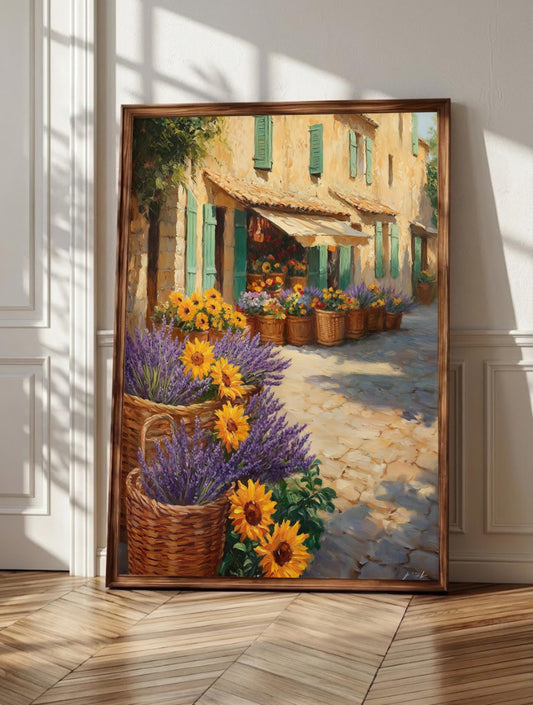French market wall art: lavender bundles and seasonal produce spilling from stall crates