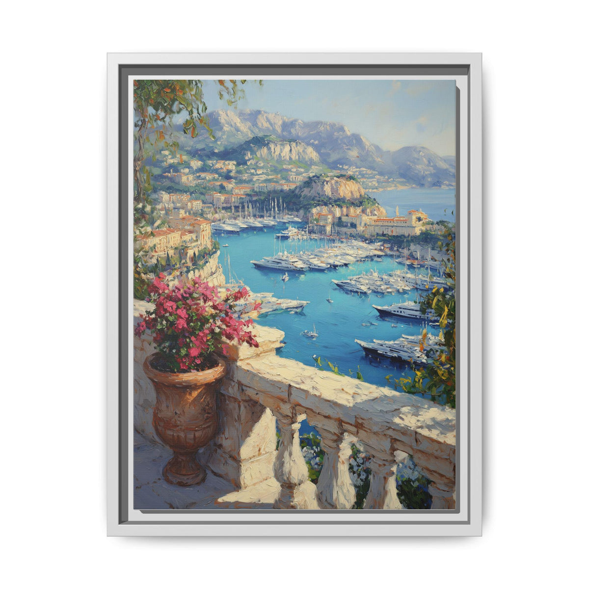 Monaco wall art framed canvas print in a white wood frame