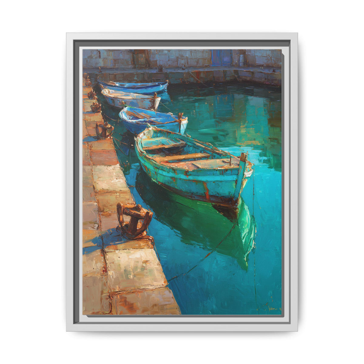 Patina Blue wall art framed canvas print in a white wood frame