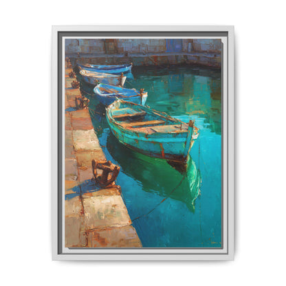 Patina Blue wall art framed canvas print in a white wood frame