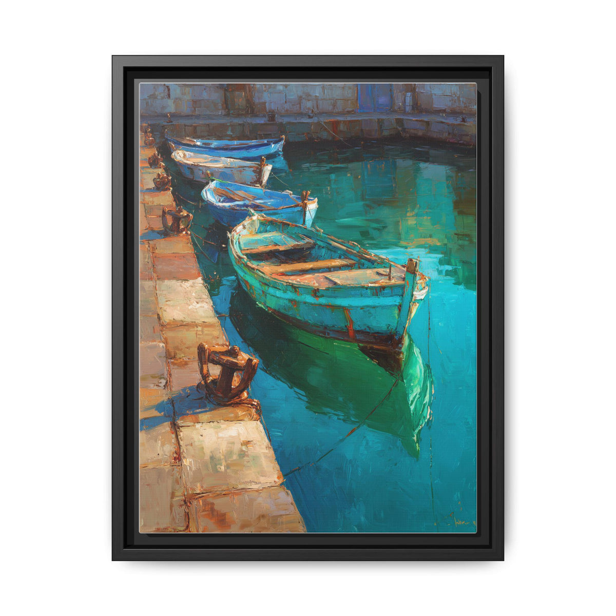 Patina Blue wall art framed canvas print in a black wood frame