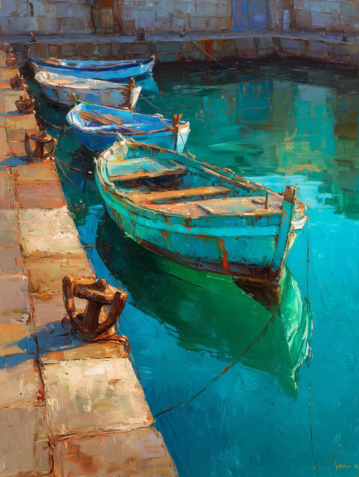 Painterly harbour canvas print with peeling blue hulls above green water