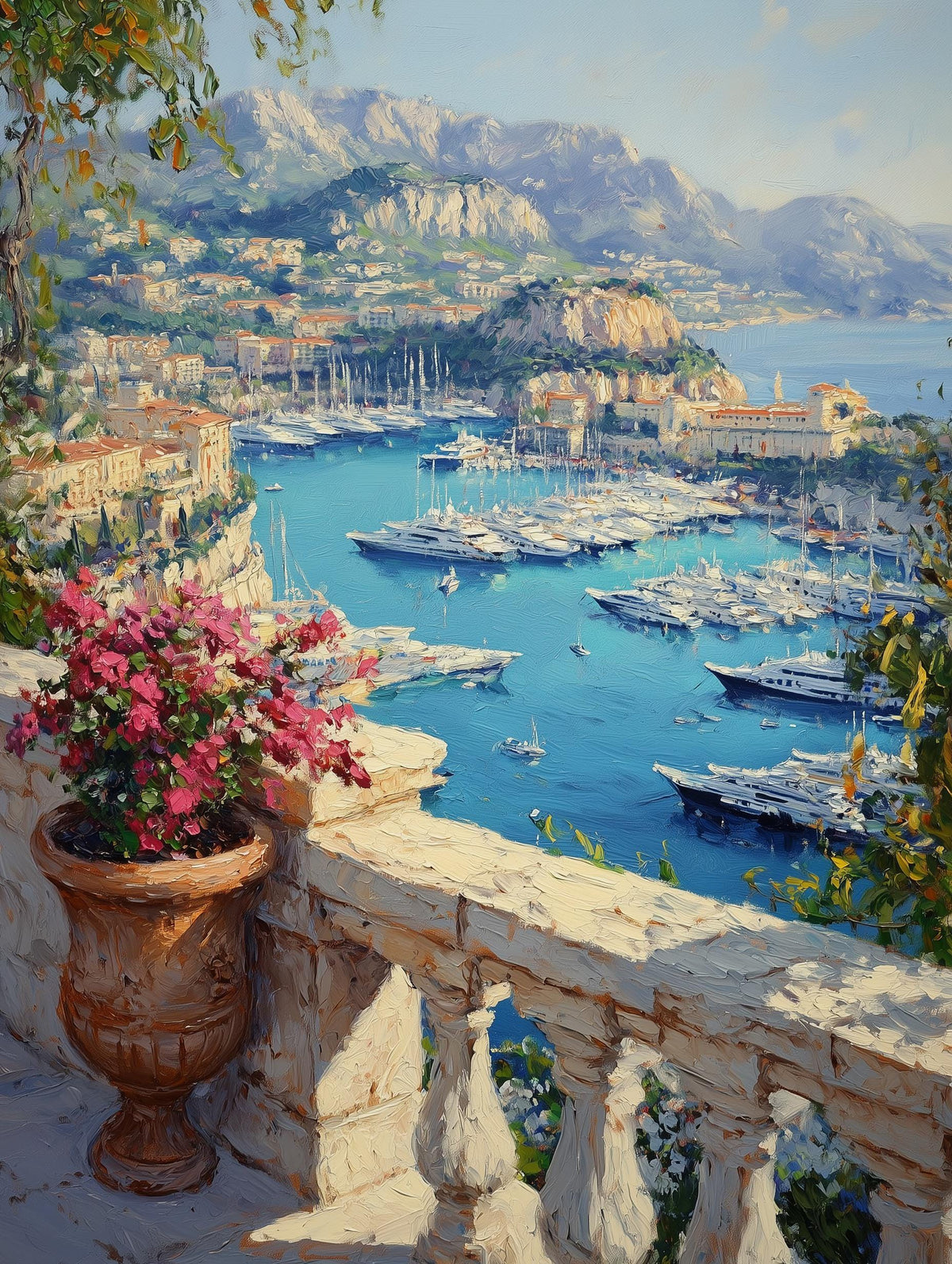 Painterly Monte Carlo view glowing in warm evening light over the marina