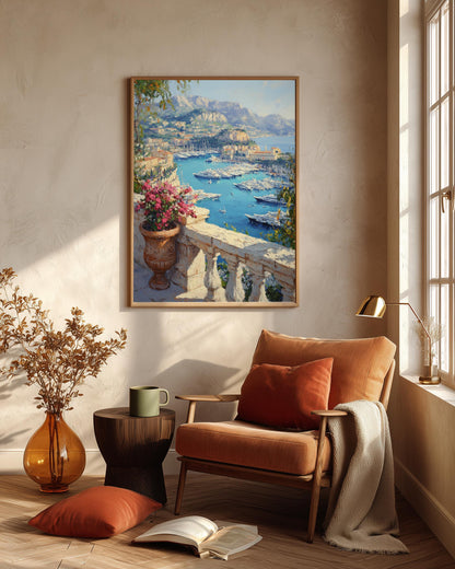 Oil-painting style Riviera coastline in gold and deep blue, made to order