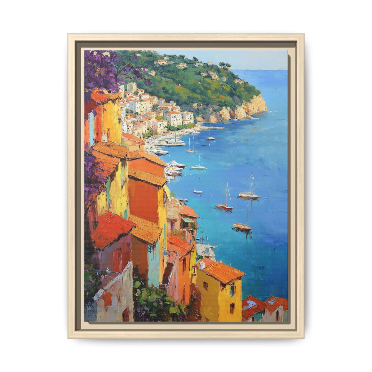 Villefranche wall art framed canvas print in a natural wood frame