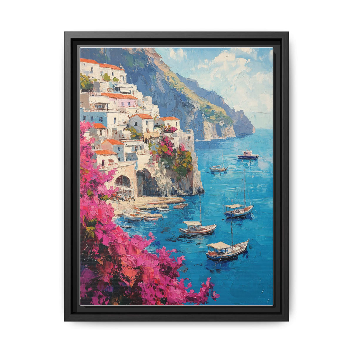 Positano wall art framed canvas print in a black wood frame