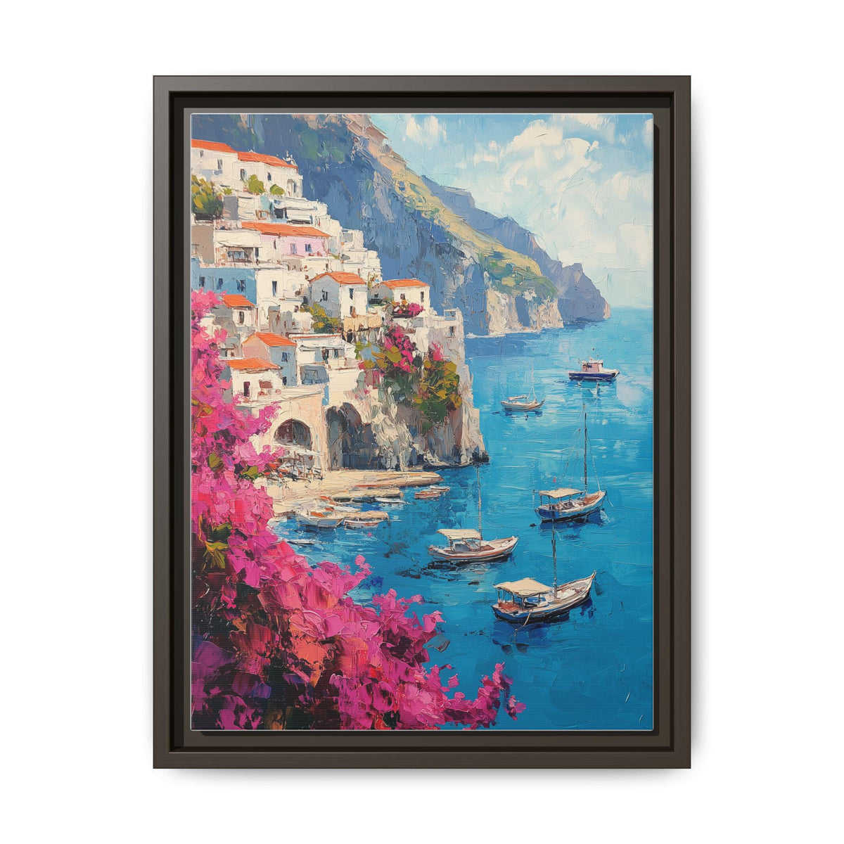 Positano wall art framed canvas print in an espresso wood frame
