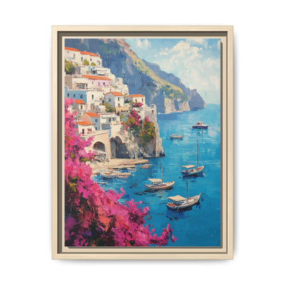Positano wall art framed canvas print in a natural wood frame
