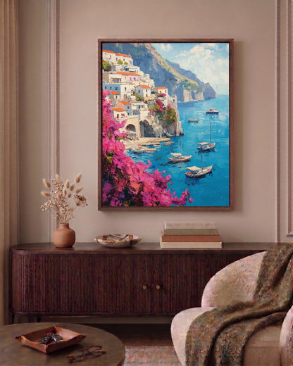 Amalfi Coast framed canvas art hand-finished in a solid wood frame