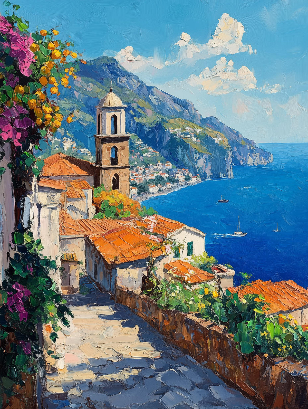 Painterly Ravello canvas print with bougainvillea walls and a lemon tree