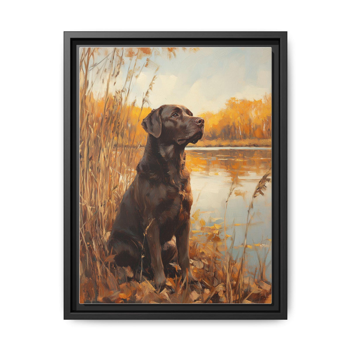 Chocolate Lab wall art framed canvas print in a black wood frame