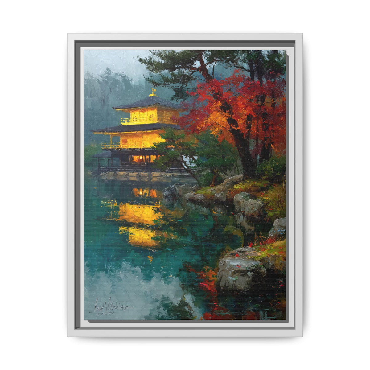 Golden Pavilion wall art framed canvas print in a white wood frame