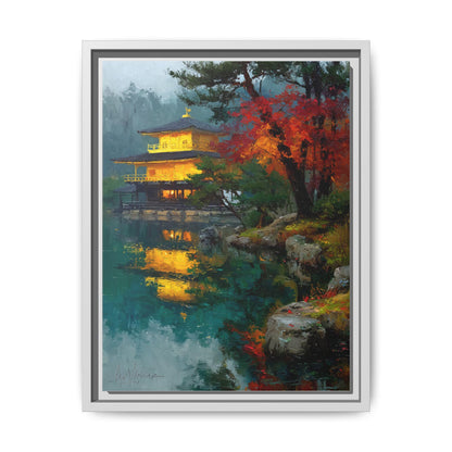 Golden Pavilion wall art framed canvas print in a white wood frame