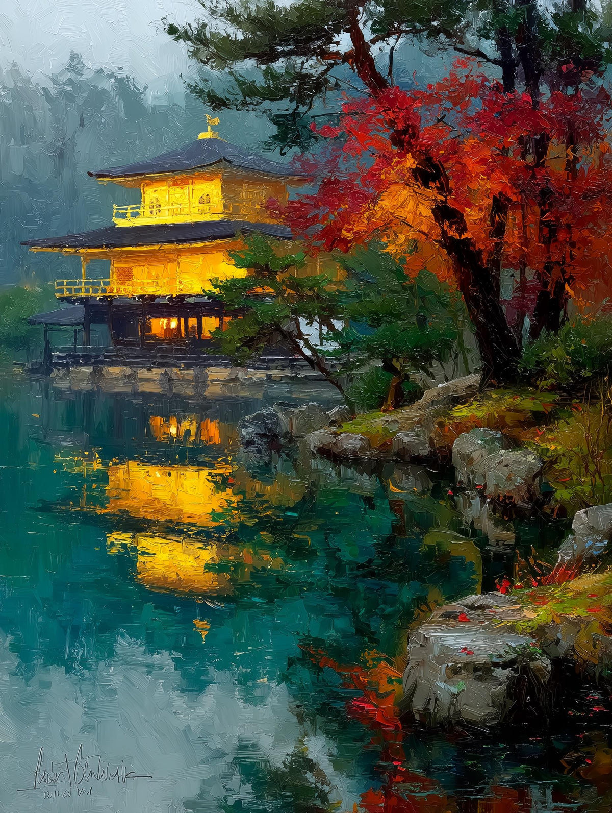 Kinkaku-ji temple painting framed by old pines, loose impressionist brushwork