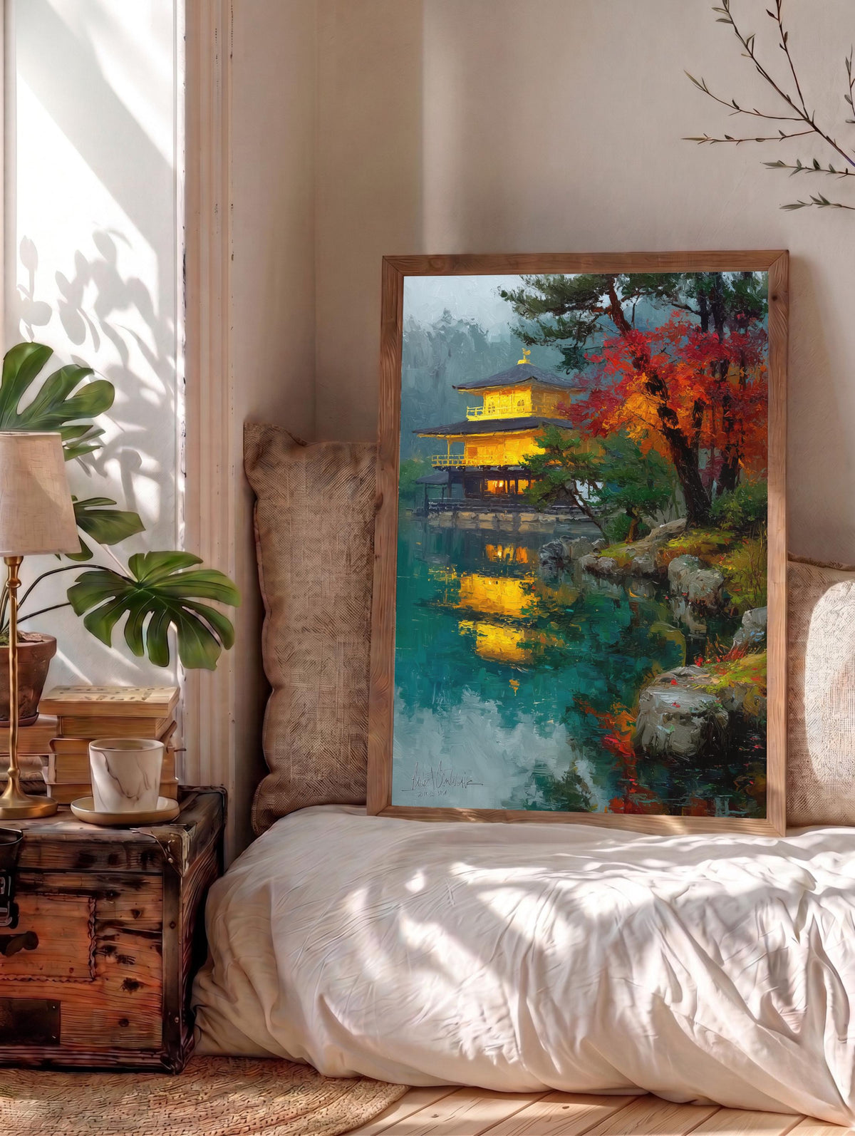 Oil-painting style Kyoto scene in gold and deep teal, made to order and ready to hang