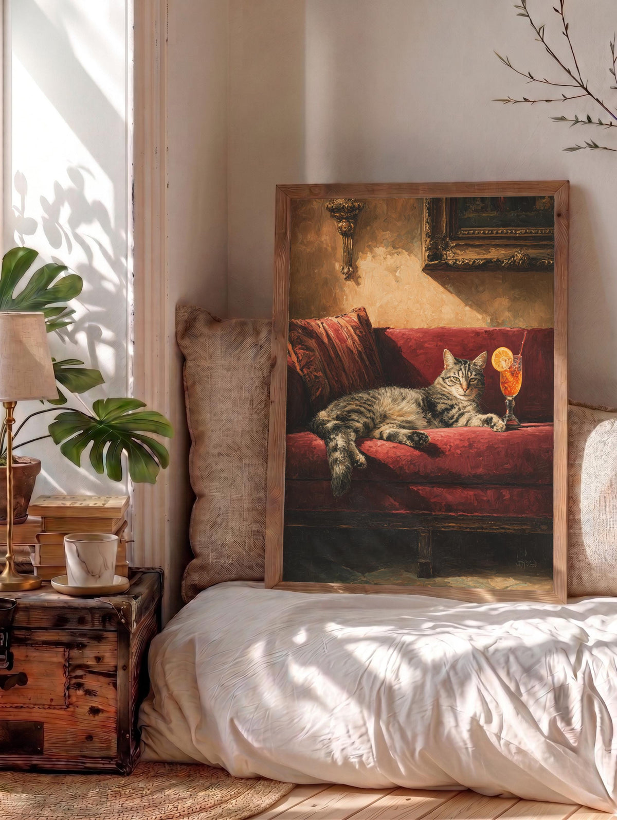 Oil-painting style tabby and spritz printed on cotton canvas, made to order