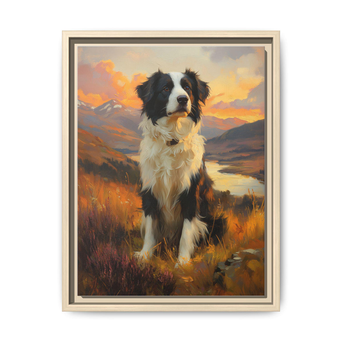 Border Collie wall art framed canvas print in a natural wood frame