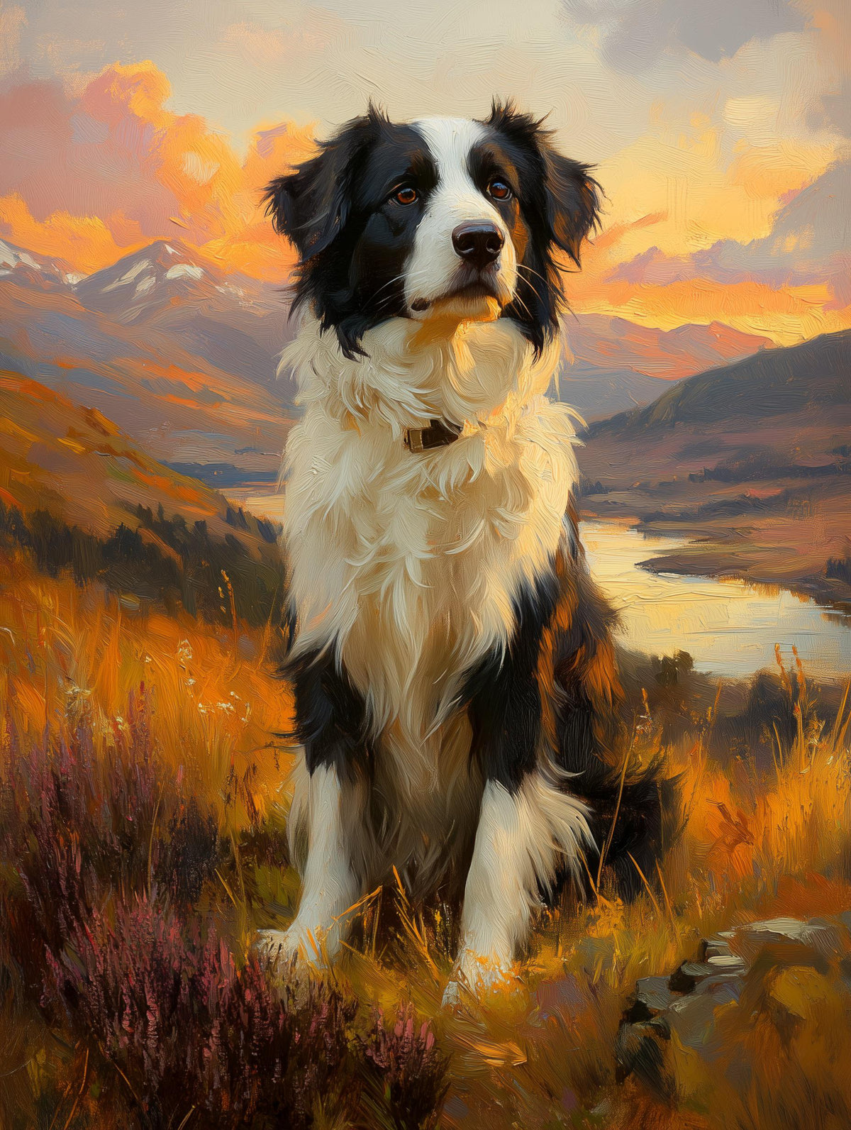 Painterly Border Collie canvas print in a classic oil portrait manner