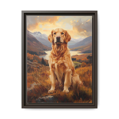 Golden Retriever wall art framed canvas print in an espresso wood frame