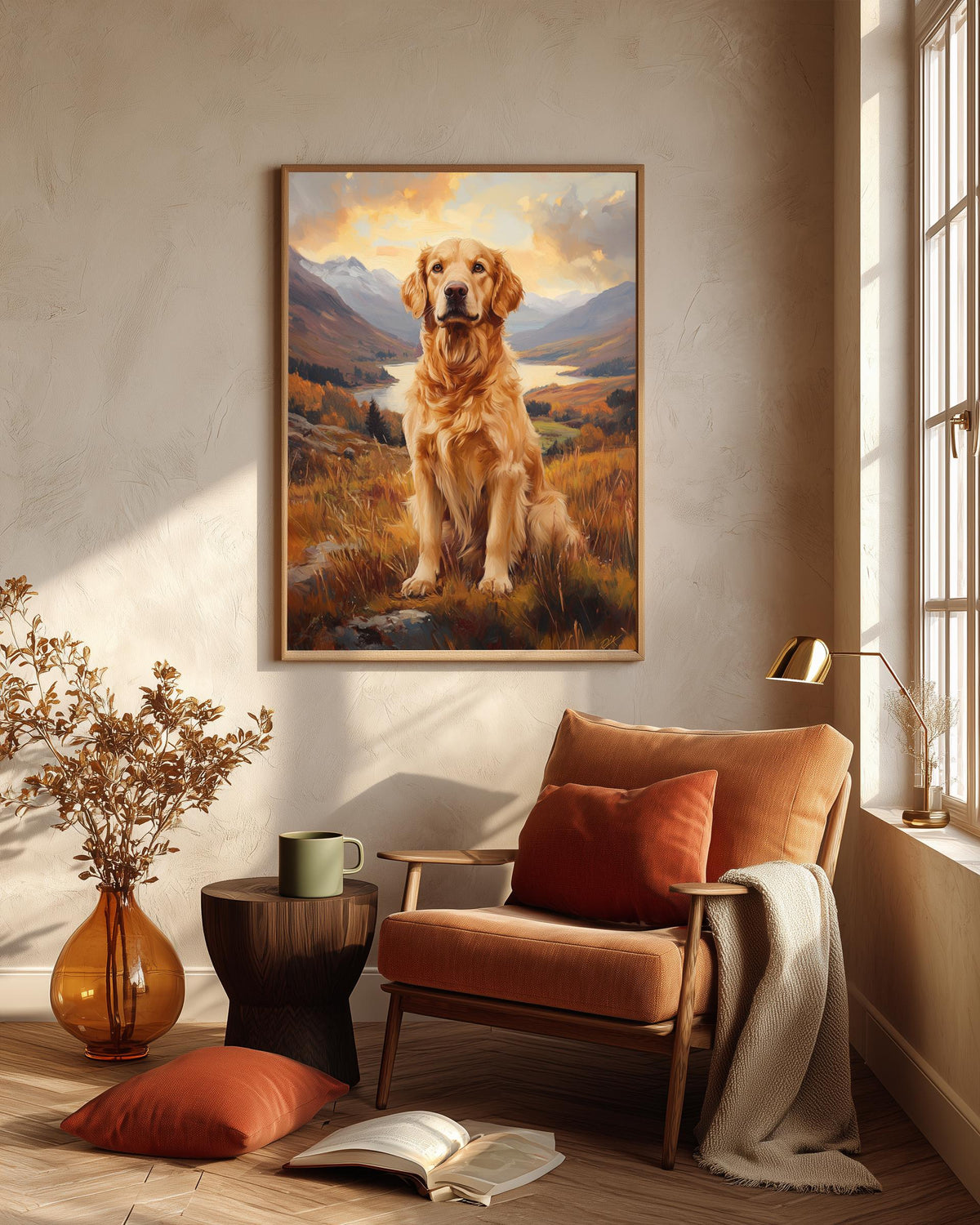 Oil-painting style dog portrait in honey and cream, made to order and ready to hang