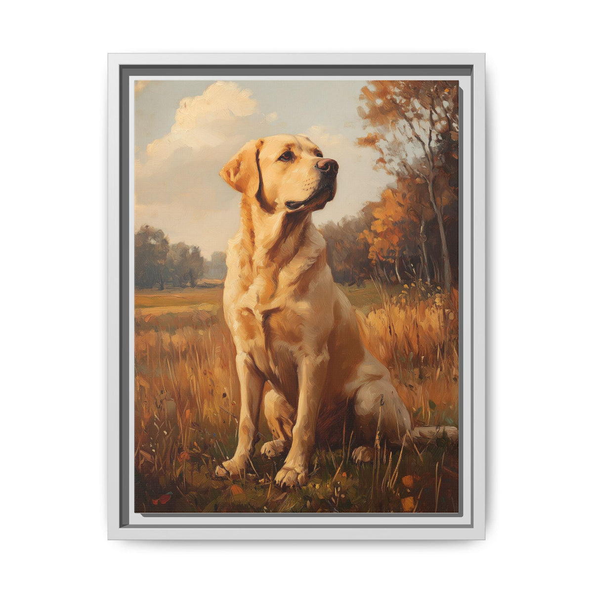 Yellow Lab wall art framed canvas print in a white wood frame